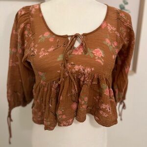 Urban Outfitters Rust Brown Cotton Blend Floral Tie Front, Ruffled
